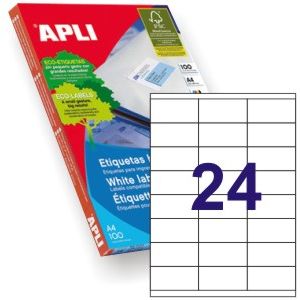 Etiquetas APLI 1298. Caja 100 Hojas A4 de 24 Etiquetas por Hoja